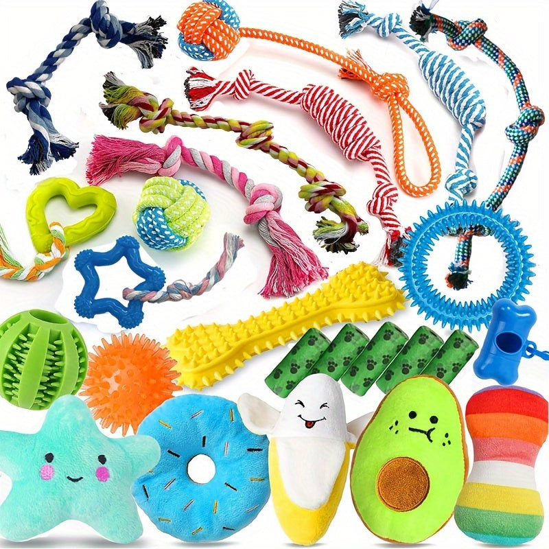Puppy Toys 25 Pack Chew Toy Set for Small Dogs – Rope Toys, Squeaky Plush, Rubber Chew, Treat Ball & Poop Bag Rolls Included, Teething & Interactive Dog Toy Bundle Gift Set
