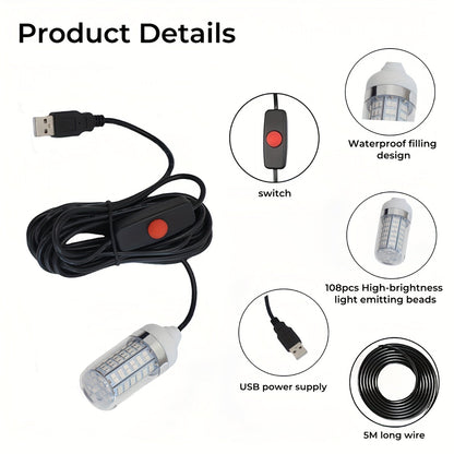 108 LED Underwater Fishing Light – IP68 Waterproof Night Fishing Lure Light with USB Connector & 16.4ft Cable, Super Bright Submersible Fish Attracting Light for Boat, Ice Fishing & Night Fishing (Green/White)