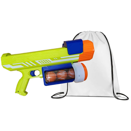 Dog Tennis Ball Launcher Bundle – 18-Inch Fetch Blaster with 3 Balls, Attachment Canister & String Backpack for On-the-Go Play