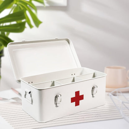 Metal First Aid Box with Safety Lock – Empty Medicine Storage Tin & Emergency Supply Organizer for Home Office Car Camping, Durable Steel First Aid Kit Container in Green Red White