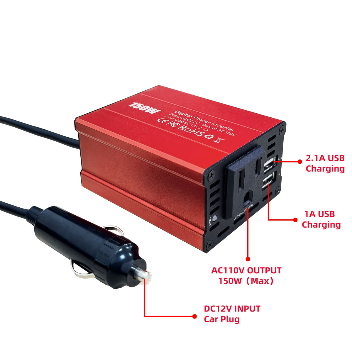 150W Car Power Inverter 12V DC to 110V AC Converter Vehicle Adapter Plug Outlet with 3.1A Dual USB Car Charger for Laptop Computer