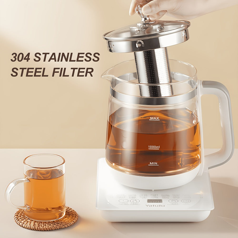 Multifunctional Electric Kettle 1.8L – Thick Glass Health Kettle with 18 Smart Functions, Boil Water, Make Coffee, Cook Porridge & Steam Eggs, Removable Filter, Tea Set Included, US Plug – White