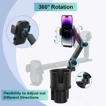 Cup Holder Phone Mount 2-in-1 Car Cup Holder Expander with Long Arm & 360° Rotation – Universal Cell Phone Holder for Car Compatible with All Smartphones