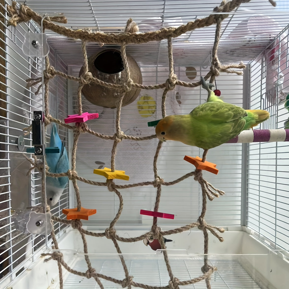 Bird Climbing Net for Parrots Hemp Rope Play Gym with Star Shape Chewable Toys Foraging Ladder Perch for Parakeets Cockatiels Conures Budgies