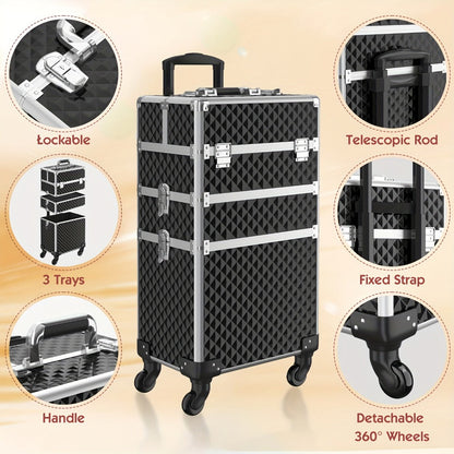 Rolling Makeup Train Case 3-in-1 Large Capacity Professional Cosmetic Trolley Swivel Wheels Lock Key Sponge Set Included Salon Barber Artist Travel Cart Trunk Black Pink