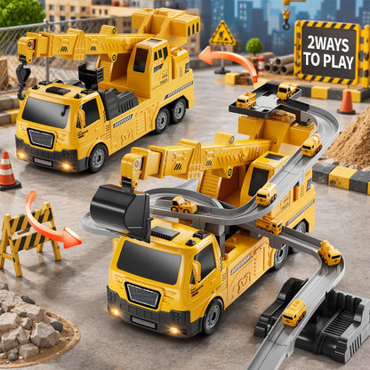 3-in-1 Crane Excavator & Racing Track Toy Set for Kids Ages 3+ – Construction Vehicle Playset with Lights & Sounds, 8 Cars Included, STEM Birthday Christmas Gift for Boys Toddlers