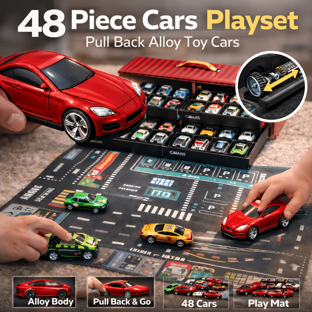 48-Piece Parking Lot Playset for Kids – 4-Level Car Garage with Friction Powered Mini Cars, Ramp & Track, Toddler Boys Vehicle Toy Birthday Gift Ages 3 4 5 6