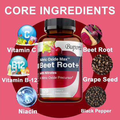 Nitric Oxide Beet Root Supplement with Beet Root Powder, Nitrates, Black Pepper & Antioxidants - Supports Blood Pressure, Heart Health & Nitric Oxide Production - 120 Capsules