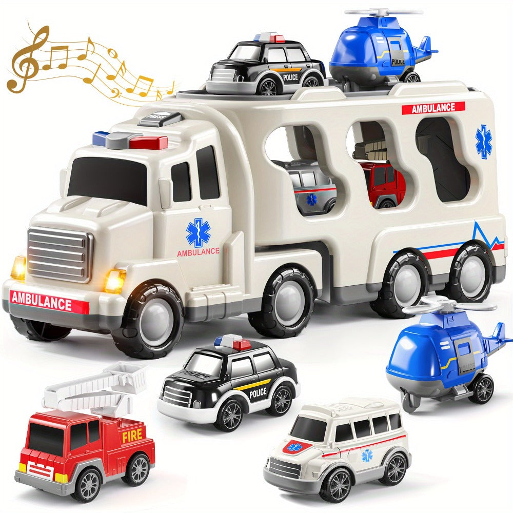 Ambulance Truck Toy 5-in-1 Carrier Set with Lights & Sounds – Friction Power Emergency Vehicle Playset for Kids Boys Ages 3+, Birthday Gift