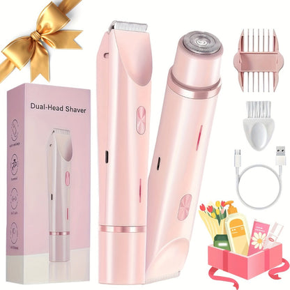 Bikini Trimmer for Women 2-in-1 Dual Head IPX7 Waterproof Electric Shaver Body Hair Trimmer Facial Hair Remover Bikini Underarm Leg Arm Face 90-Min Battery USB Rechargeable Pink Travel-Friendly
