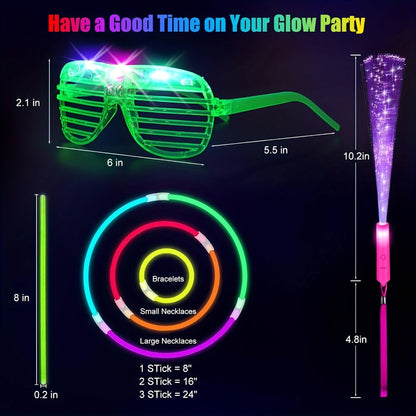 Glow in the Dark Party Supplies 120 Piece Set – Neon Glow Rings LED Glasses Glow Sticks & Fiber Optic Hair Clips for Blacklight Birthday Party, Wedding, Concert, Rave & New Year's Eve