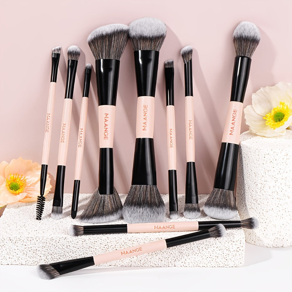 Double-Ended Makeup Brush Set 10PCS with Cosmetic Bag – Soft Nylon Bristles Dual-Ended Blush Eyeshadow Face Brushes Professional Kit for Beginners & Pros Women
