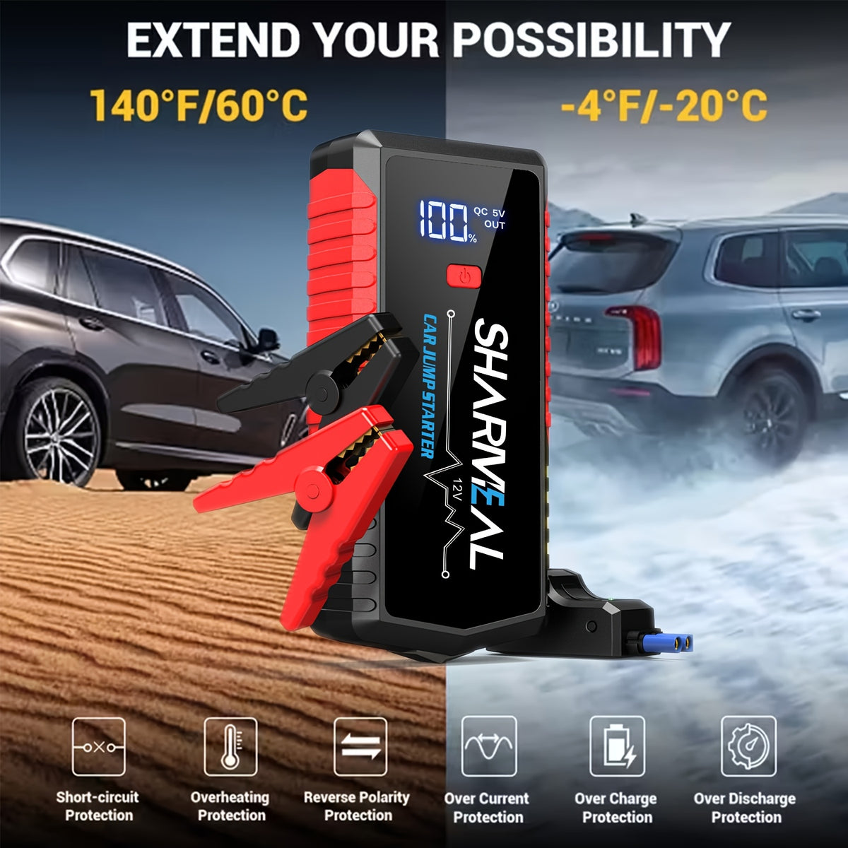 SHARMEAL 9-In-1 Portable Car Battery Jump Starter And Window Breaker Hammer with Built-In 3-Mode LED Flashlight And Heavy-Duty Jumper Cables, Ideal for Cars, Suvs, Trucks, Rvs