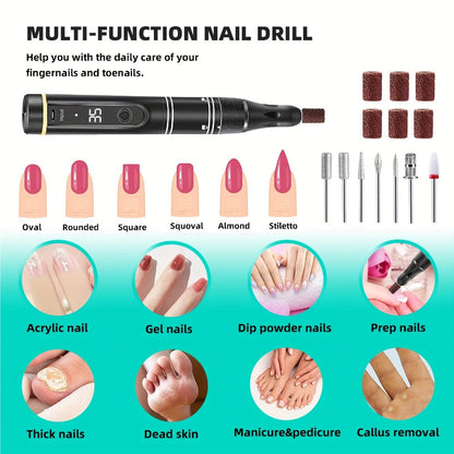 Nail Drill Machine 35000 RPM LCD Display Rechargeable Portable Electric Nail File with Forward Reverse Rotation Low Noise – Professional Nail Grinder for Gel Acrylic Natural Nails Manicure Pedicure Home Salon