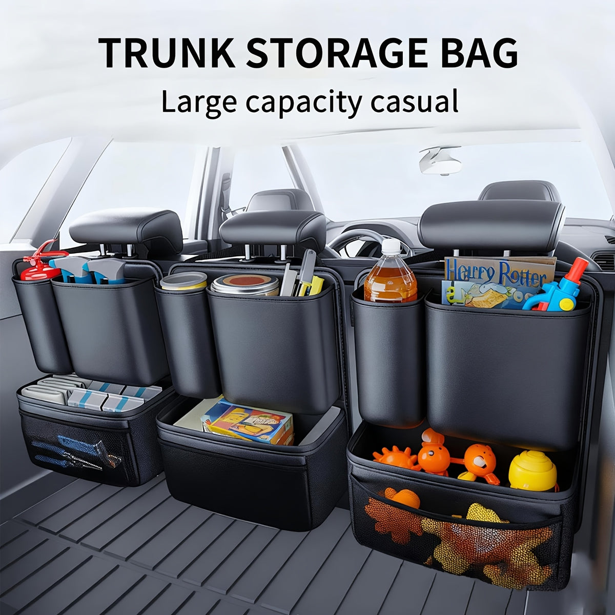 QIANKUNBAG Premium PU Leather Car Organizer Trunk Organizer with Multi-Pocket Storage, Adjustable Straps & Bottle Slots - Versatile Automobile Accessories for Organization And Travel