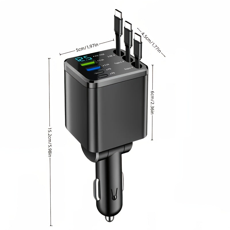 7-in-1 Car Fast Charging Mobile Phone Charger, Equipped With 3 Extendable Cables And Fast Charging Interface, Universal Plug, Easy To Operate, Supports 180 ° Free Adjustment Angle, And Is Equipped With LED Intelligent Digital Display Screen