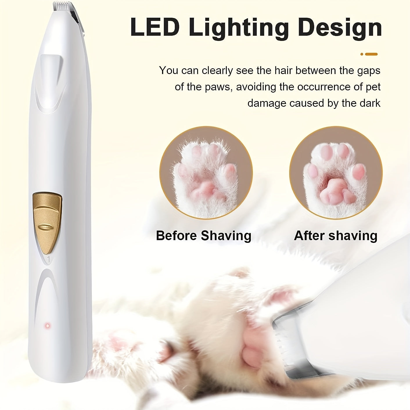 Dog Grooming Kit Electric Paw Trimmer with LED Light – USB Rechargeable Professional Dog Clippers, Low Noise Shaver for Dogs & Cats, Trims Eyes Face Ears Paws, Safe Home Grooming Tool