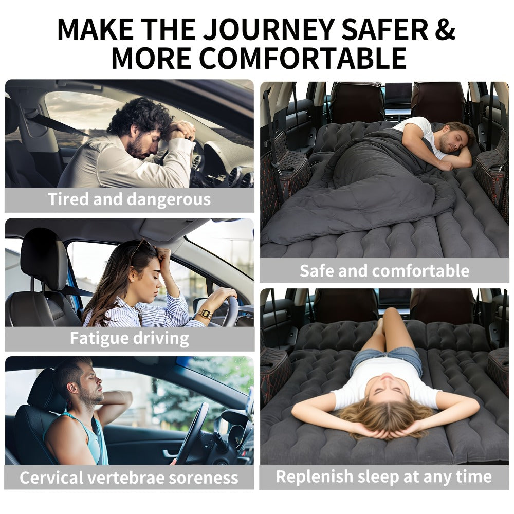 SUV Air Mattress for Camping Inflatable Car Bed with Air Pump 2 Pillows Flocking Surface Portable Sleeping Pad for SUV Backseat Road Trip Family Travel, Black