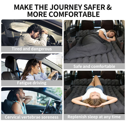 SUV Air Mattress for Camping Inflatable Car Bed with Air Pump 2 Pillows Flocking Surface Portable Sleeping Pad for SUV Backseat Road Trip Family Travel, Black