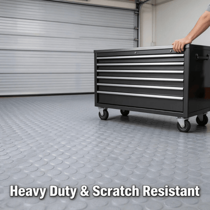 Garage Floor Mat Roll 7x16 FT Heavy Duty PVC Flooring for Parking, Waterproof Under-Car Protector for RV Trailer Workshop, Stain-Resistant Non-Slip Runner Mat, Black & Grey Coin Pattern