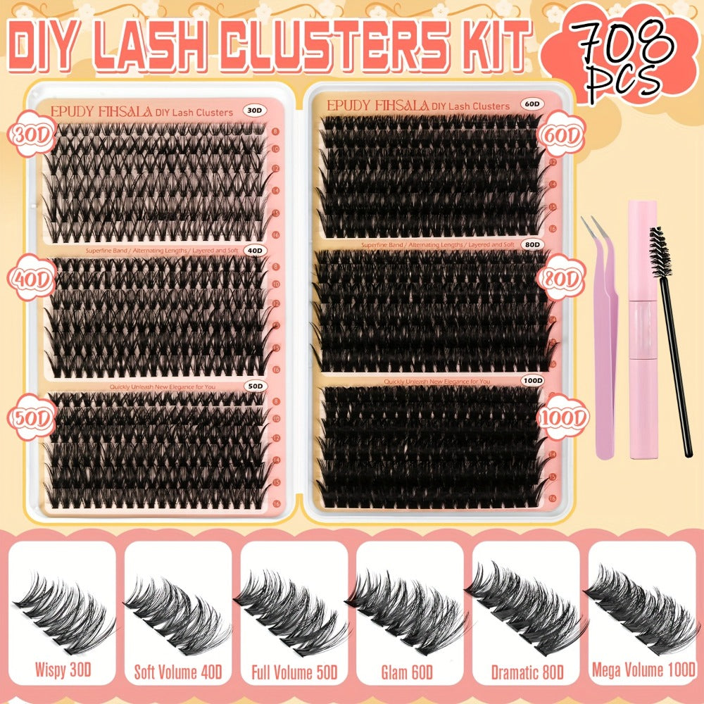708Pcs Mixed Density Lash Clusters Kit 8-16mm 30D-100D Mega Volume with Glue Tweezers & Brush – Soft Reusable DIY Cluster Lashes for Natural to Dramatic Salon-Style Eye Makeup at Home