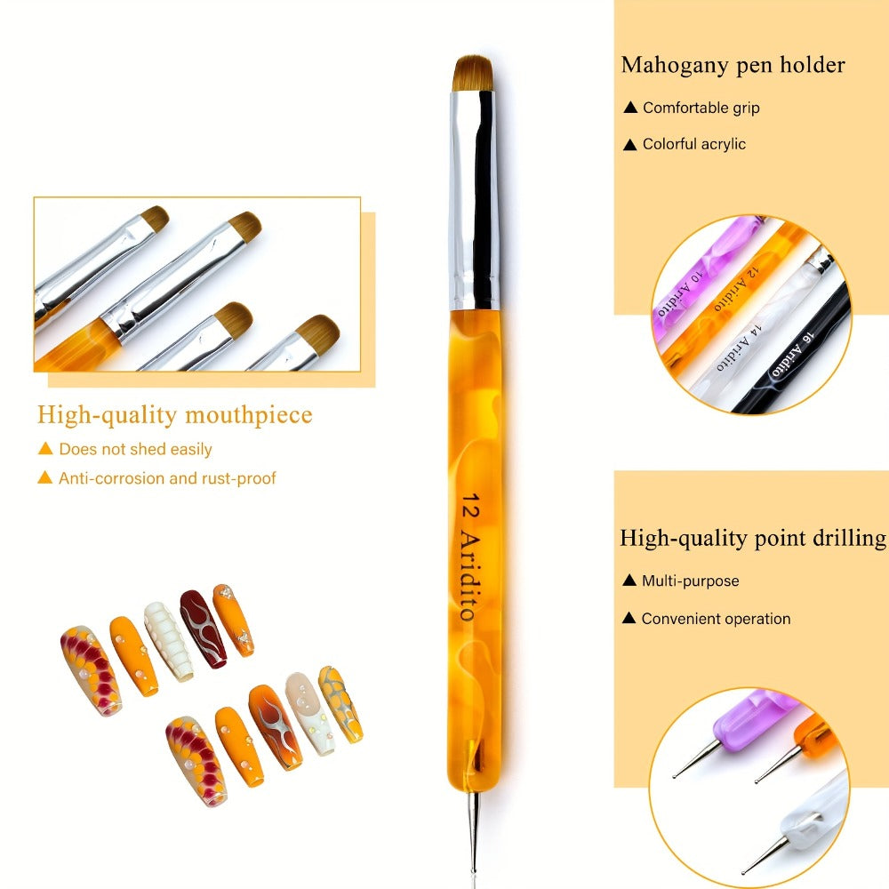 Nail Art Brush Set 4pcs Fine Tip Detail Brushes with Dotting Tool - Nylon Bristle Precision Manicure Brushes #10 #12 #14 #16 for Gel Acrylic French Nail Designs, Salon & Home Use