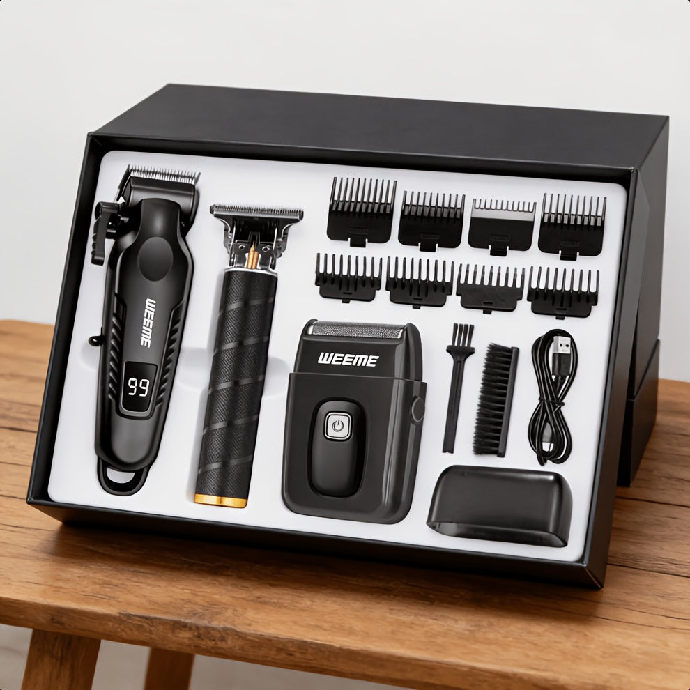 Men's Professional Grooming Kit – Cordless Rotary Shaver & T-Blade Trimmer, Type-C Charging, 6 Adjustable Combs, Non-Slip Beard Shaper for Travel & Family Haircut
