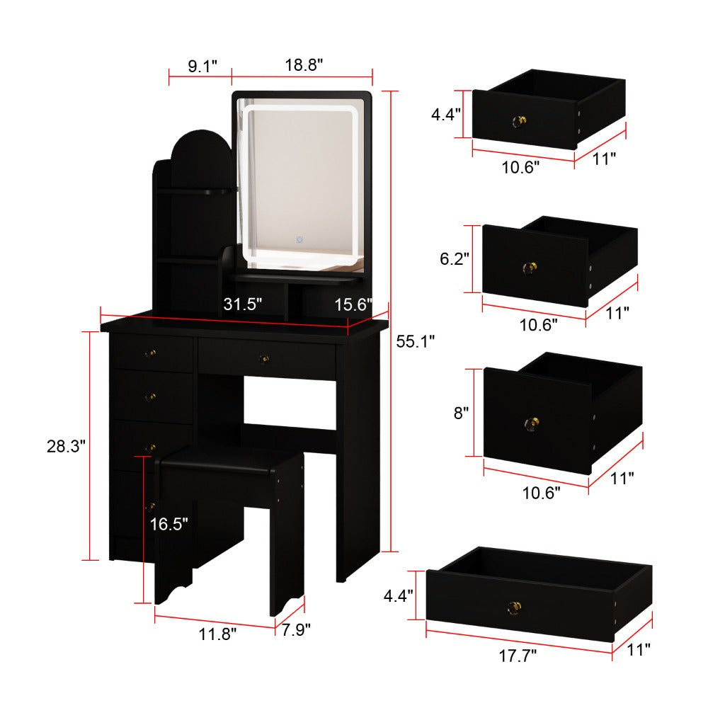55-Inch Makeup Vanity Desk with LED Lighting and Padded Seat detail image - detail view 8
