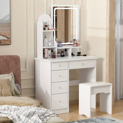 Vanity Desk, Set with Large Mirror 5 Drawers Cushioned Stool and Storage Shelves 55 Inch shown in the main product view