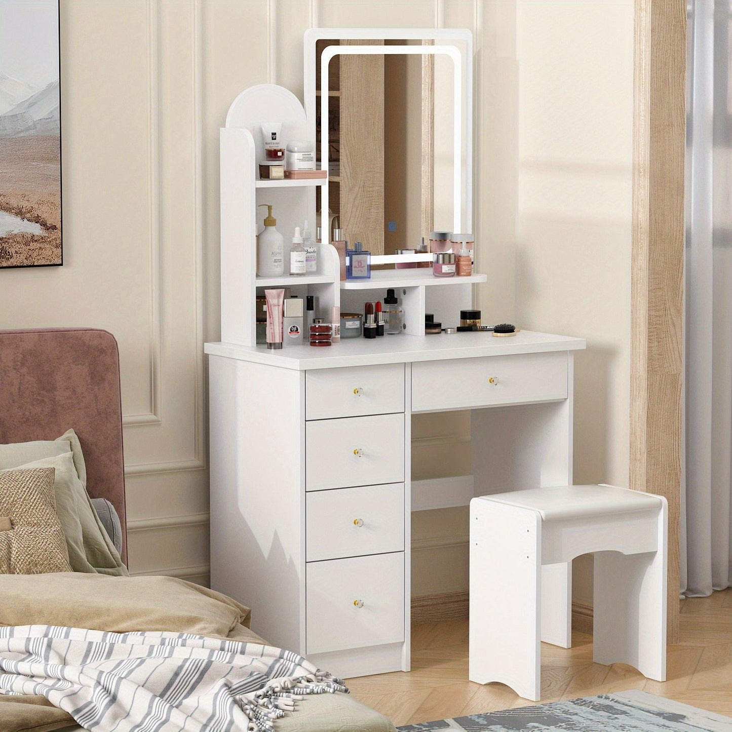 Vanity Desk shown in the White, With LED Light option