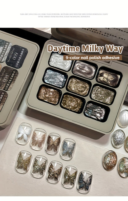 Fairy Powder Nail Art Gel Set 9 Colors Galaxy Milky Way – Nine-Grid Special Effect Shimmer Gel Polish Alcohol Free UV LED Soak Off, Long Lasting Glitter Nail Gel for Salon & DIY Home Women