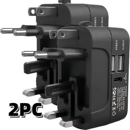 Universal Travel Adapter with Surge Protection - 2 USB & Type-C Ports, All-in-One International Plug for 350+ Countries, 100-240V Input, Fast Charging, Compact Lightweight Design, White & Black
