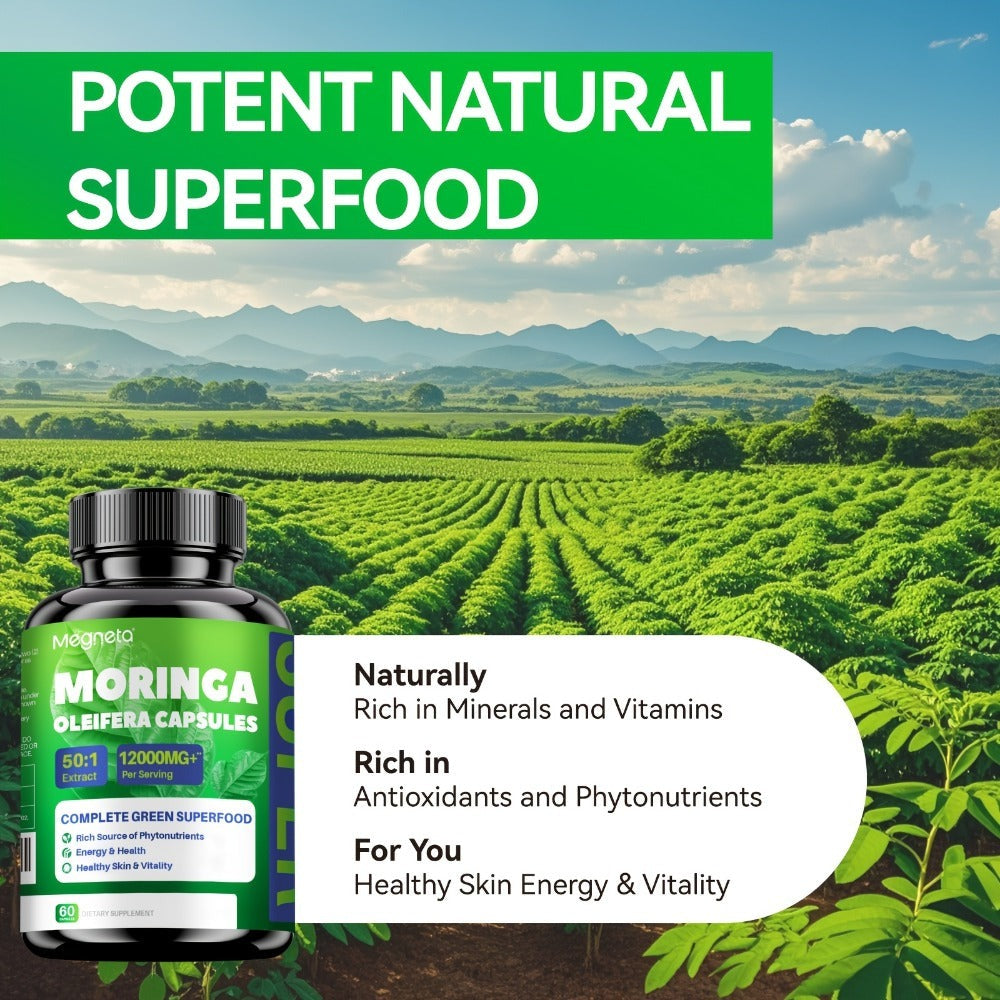 Moringa Capsules 12000mg Organic Superfood Supplement - Antioxidant, Immune Support, Skin Health & Natural Energy for Women & Men - Stimulant-Free Green Superfood Daily Capsules 60-180 Count