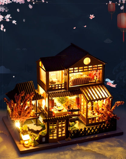 DIY Miniature House Kit – Sakura Garden Villa Wooden Dollhouse with Full Furniture & Accessories, Japanese Cherry Blossom Style, Creative Craft Gift for Adults Teens Women