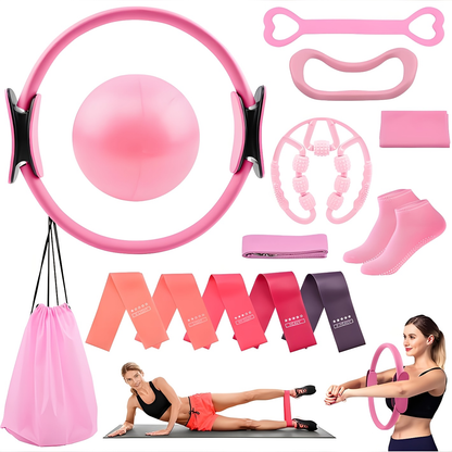 Pilates Set for Women 14-Piece – Includes 13-Inch Pilates Ring, 9-Inch Yoga Ball, 5 Resistance Bands & Hip Thrust Bands, Complete Home Pilates Equipment Kit for Beginners & Core Training