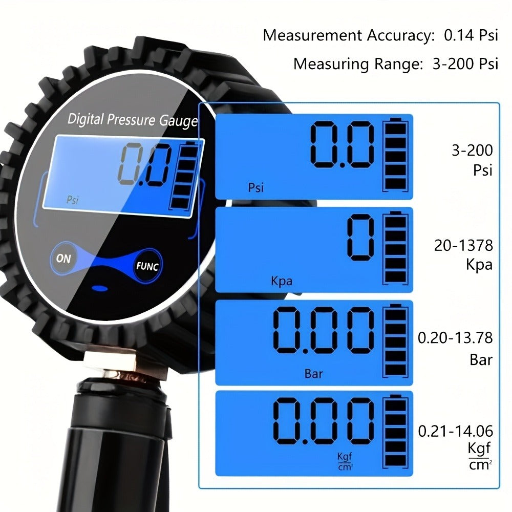 Digital Tire Inflator with Pressure Gauge 200 PSI – Cast Aluminum Pistol Grip Air Chuck, LCD Backlight, 4 Units (PSI/BAR/KPA/KGF), 3 Connectors for Car, Truck, Motorcycle & Bike