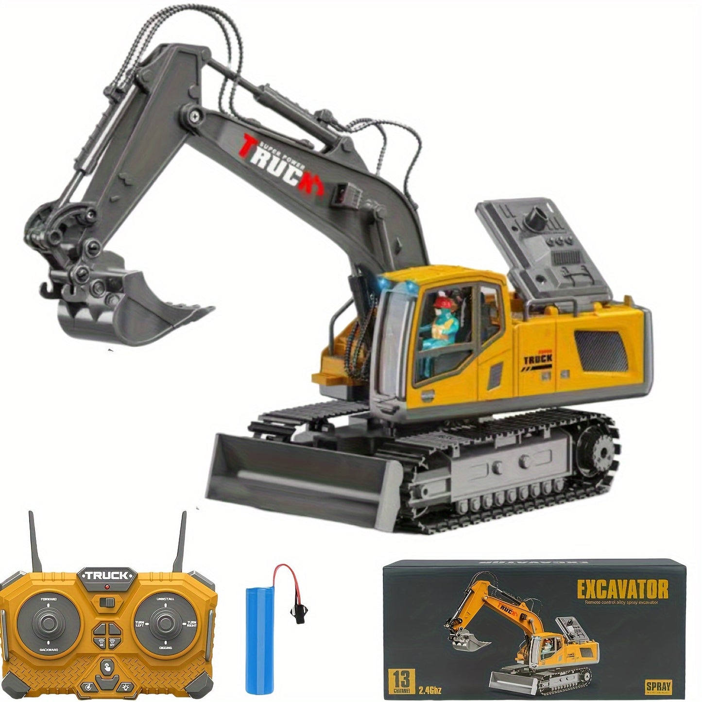 RC Excavator 120-Minute Battery Life Metal Shovel LED Lights – 13CH or 17CH Remote Control Construction Truck 1200mAh Rechargeable Digging Toy for Boys Ages 8+ Birthday Christmas Gift Yellow Gray