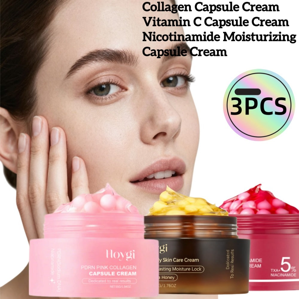 PDRN Collagen Capsule Cream Set 3pcs Vitamin C Niacinamide Advanced Capsule Technology Deep Moisturizing Day Night Face Cream — Brightening Firming Pore Minimizing Skincare Gift for Women