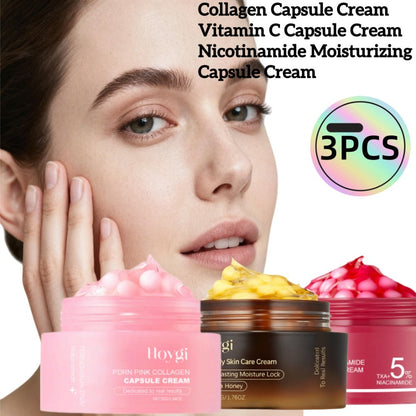 PDRN Collagen Capsule Cream Set 3pcs Vitamin C Niacinamide Advanced Capsule Technology Deep Moisturizing Day Night Face Cream — Brightening Firming Pore Minimizing Skincare Gift for Women