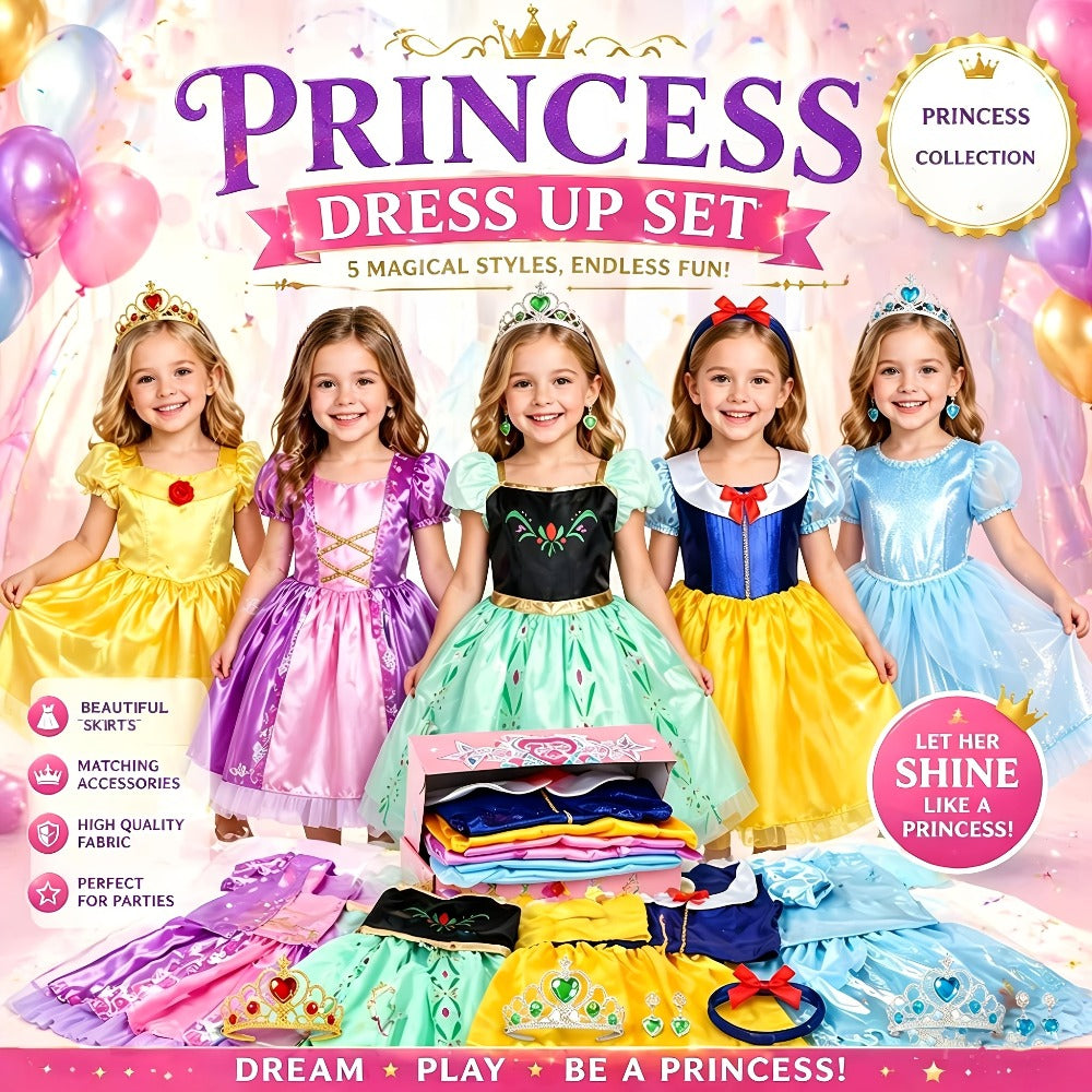 Girls Princess Dress Up Costume Set 14pcs – 5 Role Play Outfits with Crowns, Earrings & Storage Box, Toddler Princess Costumes for Girls Ages 3-6, Birthday Gift