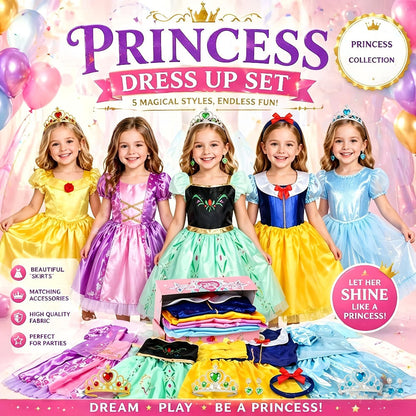 Girls Princess Dress Up Costume Set 14pcs – 5 Role Play Outfits with Crowns, Earrings & Storage Box, Toddler Princess Costumes for Girls Ages 3-6, Birthday Gift