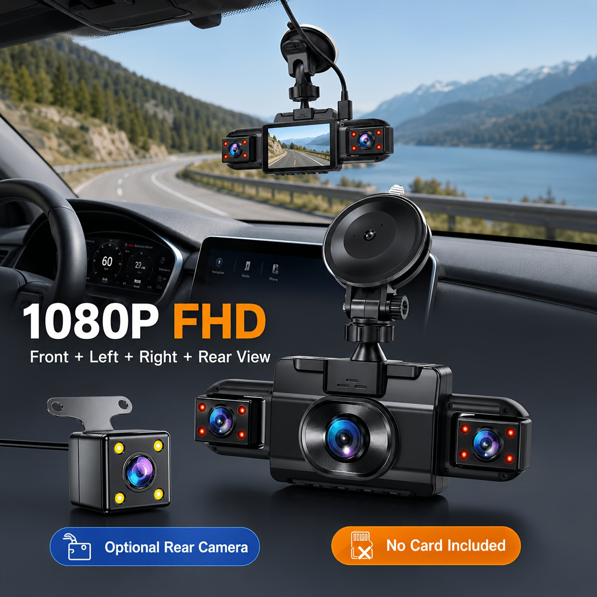 Multi-Angle Dash Cam with Four Lenses (Front, Rear, Left, Right), 1080P HD, Wide-Angle Lens, Night Vision, 24-Hour Parking Mode (Memory Card Not Included)