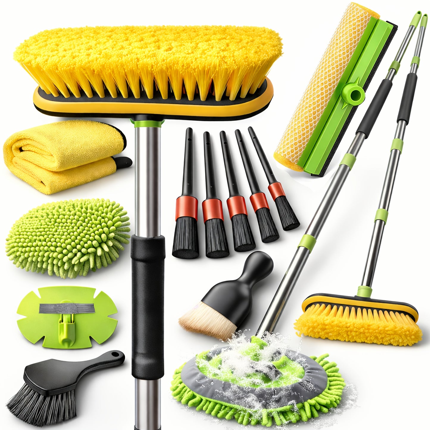 69'' Car Wash Brush With Long Handle, Car Wash Kit With Tire Brush, Tower, Window Squeegee, Chenille Microfiber, Car Detailing Brushes, Car Cleaning Brush Kit Supplies For Car, Truck, SUV, RV..