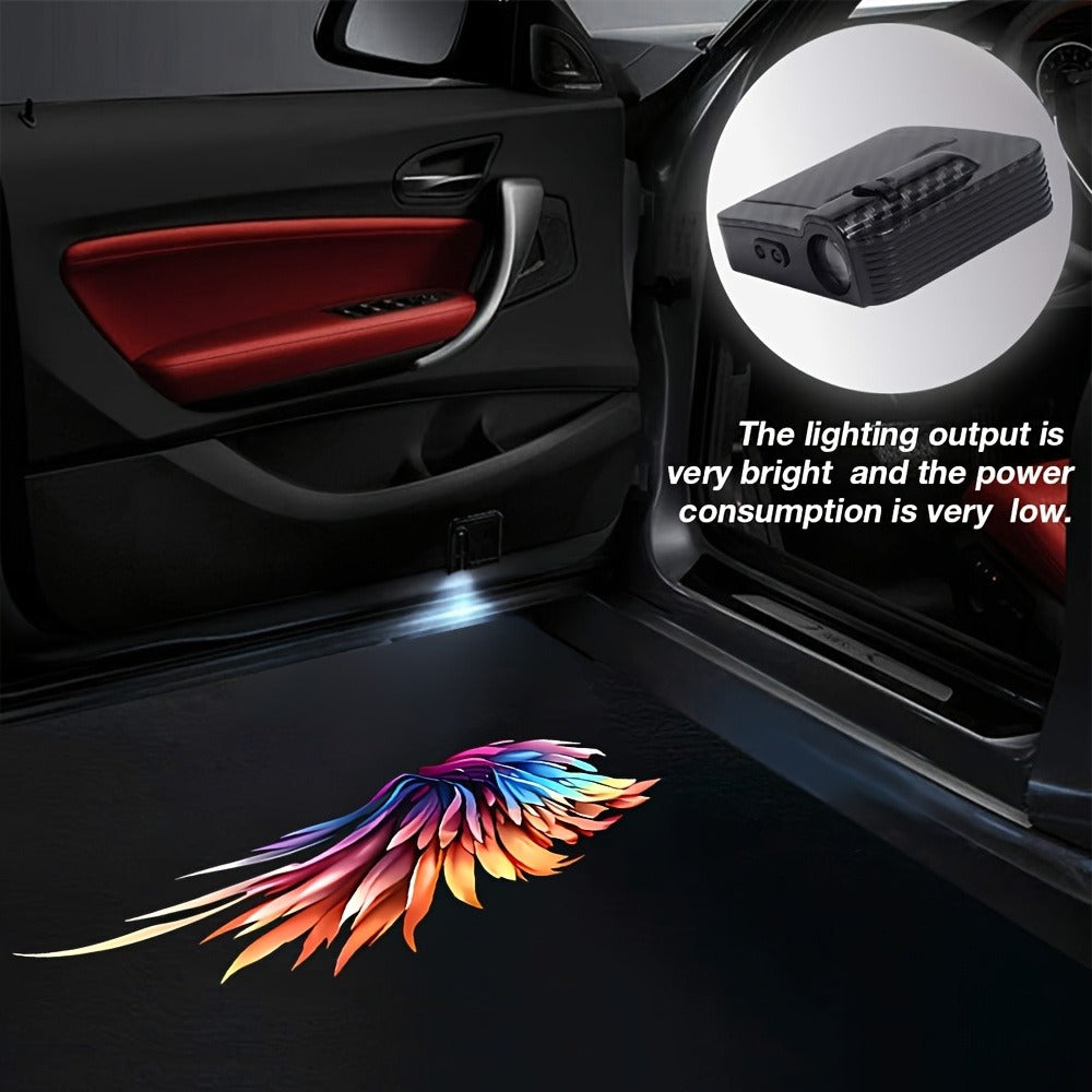 Angel Wings Car Door LED Projector Light 4 Pack - Colorful Welcome Courtesy Shadow Puddle Lights, Battery Powered Easy Install, Car Motorcycle Decorative Door Step Light