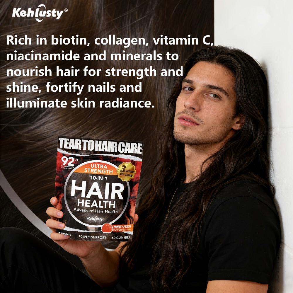 Biotin Gummies for Hair Growth & Thickness — 10-in-1 Formula with Vitamin C, Collagen, Zinc | Supports Hair, Skin & Nails | Peach Flavor | 60 Count for Women & Men