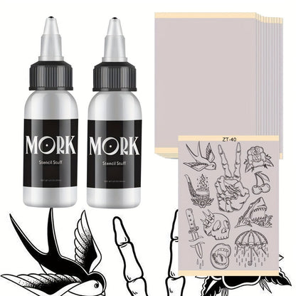 Tattoo Stencil Transfer Kit – 2x Transfer Gel, 10x A4 Blank Thermal Stencil Paper & 1x Pre-Drawn Pattern Sheet – Complete Tattoo Transfer Solution for Artists & Beginners
