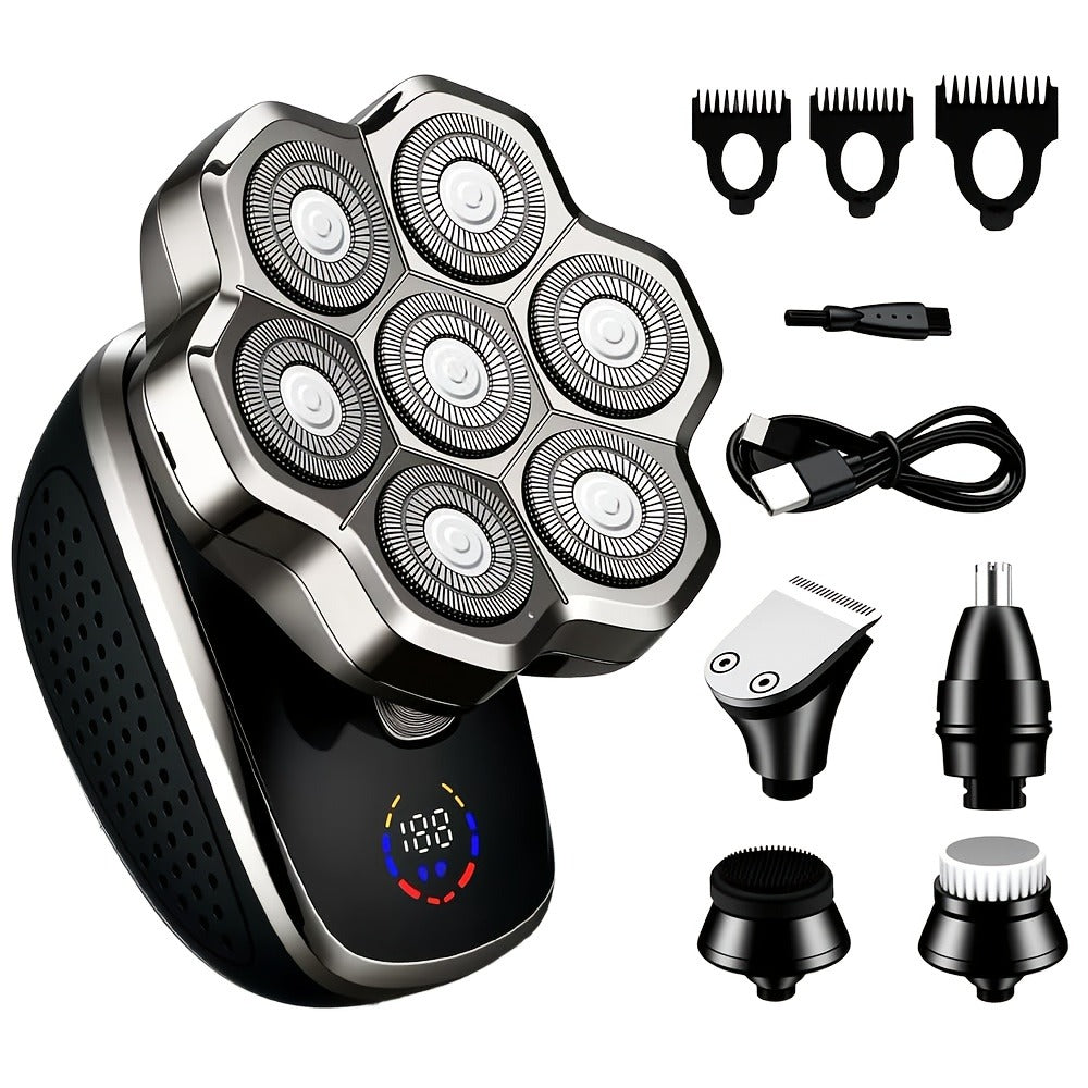 Bald Head Shaver for Men 5-in-1 Electric Razor Wet Dry with 7D 9D Floating Head Detachable Magnetic Blades Cordless Rechargeable Grooming Kit Gift for Dad Father