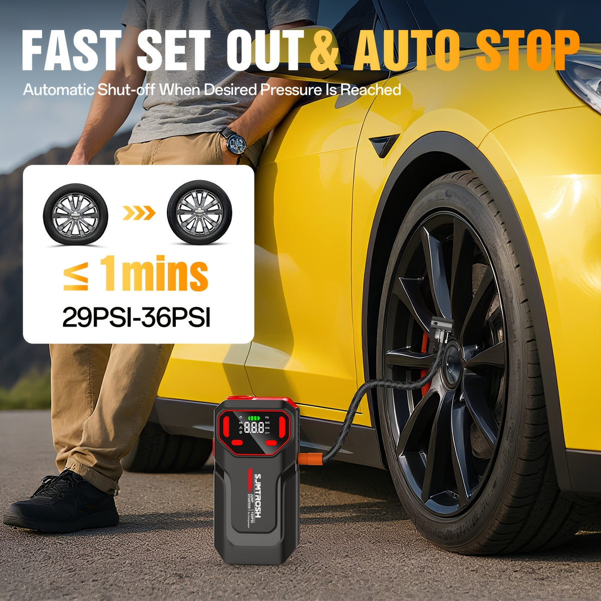 Kickstart Your Vehicle Using an Air Compressor with a Maximum Pressure of 150 PSI And a 12V Power Supply, Ideal for 8.5 Liters of Gasoline Or 1.72 Gallons of Diesel. It Features USB Input/Output And an LED Emergency Light