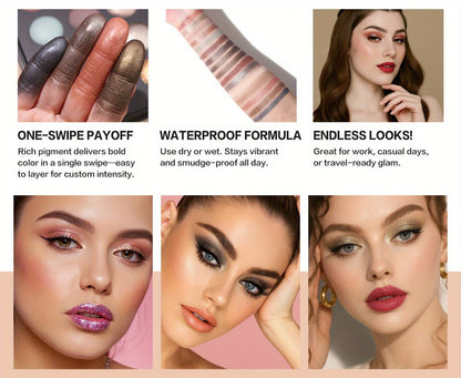 16-Color Eyeshadow Palette with 15 Brushes Complete Kit — Baked Matte Shimmer Metallic High Pigment Waterproof Long-Lasting Nude Coral Tones Eye Makeup Set for Women & Girls
