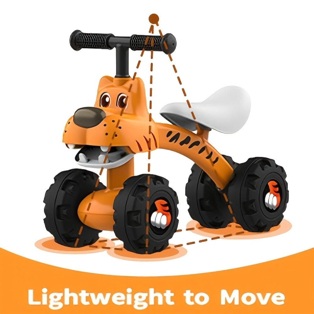 Baby Balance Bike 4 Wheels with Adjustable Seat Toddler Walker Ride On Toy for Ages 10 Months to 3 Years Boys Girls First Birthday Christmas Gift Tiger Design Yellow